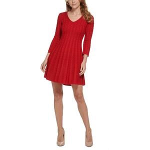 Jessica Howard Women V-Neck Cable-Knit Sweater Dress Size XL Red Festive Holiday